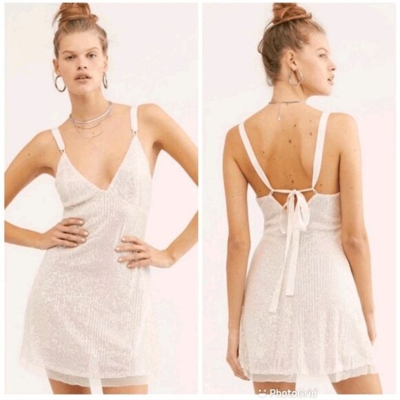 Free People Small Iridescent Sequin mini slip dress Gold Rush Ivory Pink AB - Picture 1 of 10